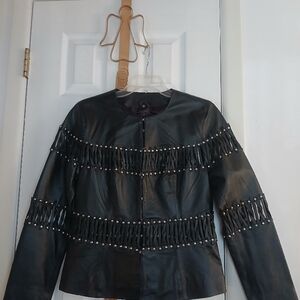 Black Leather Jacket with Cage Detailing